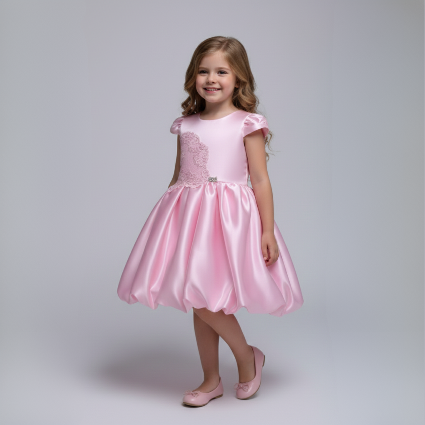 BUBBLE FLOWER | Light Blush Pink Satin Dress with Puff Sleeves