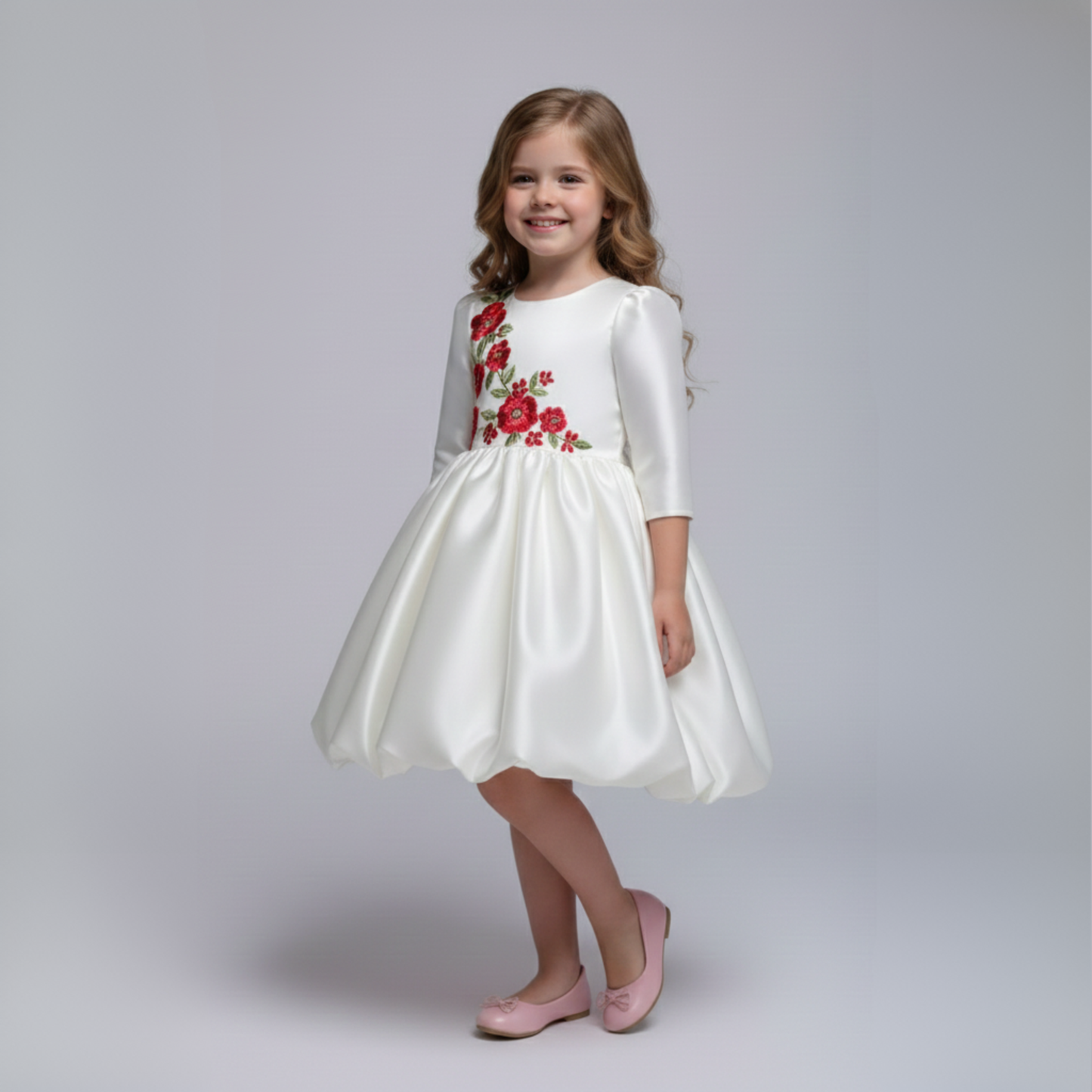 BUBBLE FLOWER | Ivory white Satin Bubble Dress with Embroidery