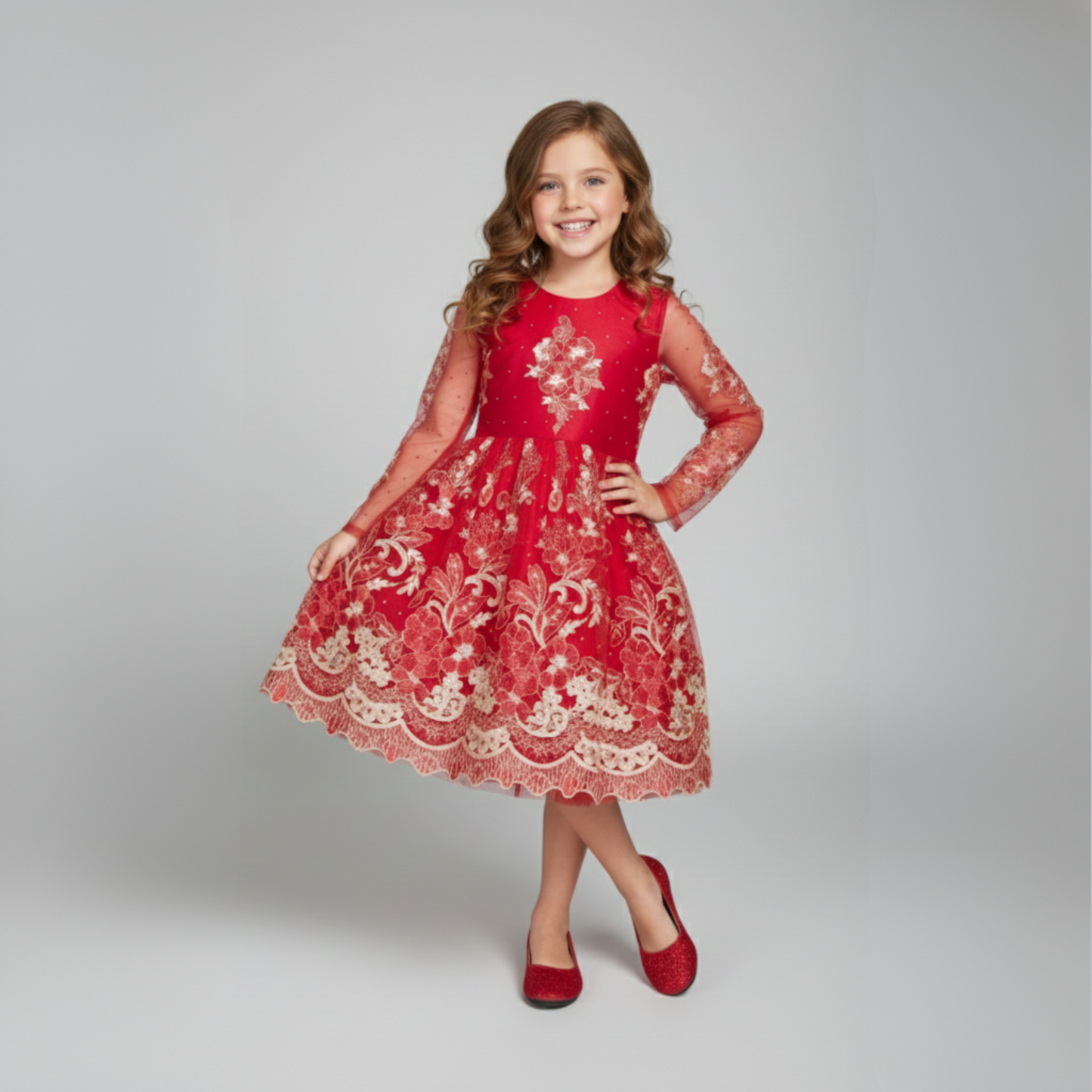 SCARLET FLOWER | Deep Scarlet Red Embroidered Tulle Gown