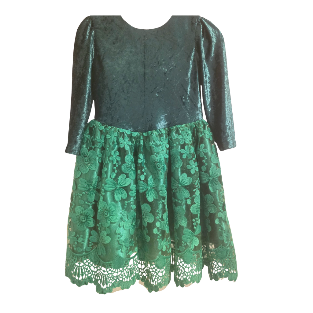 EMERALD FLOWER | Emerald Green Velvet & Lace A-Line Dress