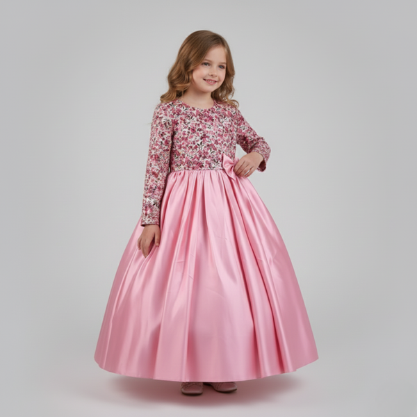 BLUSH FLOWER | Rose Pink Floral Satin Long Sleeve A-Line Dress