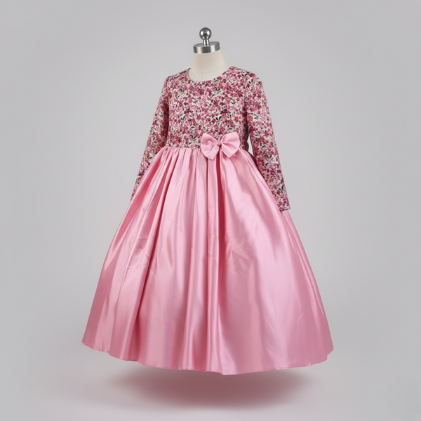 BLUSH FLOWER | Rose Pink Floral Satin Long Sleeve A-Line Dress