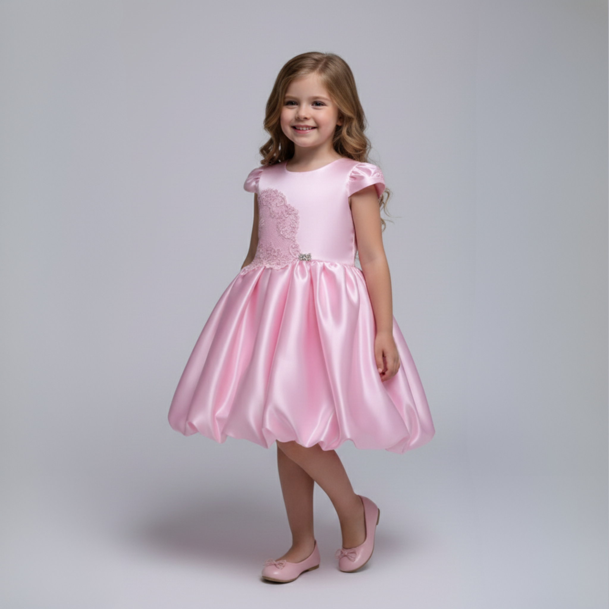 BUBBLE FLOWER | Light Blush Pink Satin Dress with Puff Sleeves