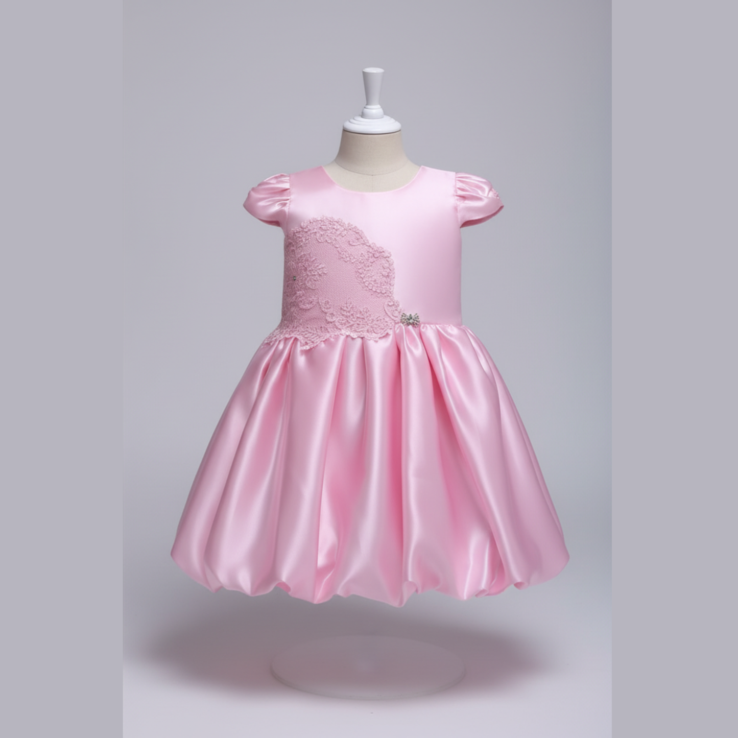 BUBBLE FLOWER | Light Blush Pink Satin Dress with Puff Sleeves