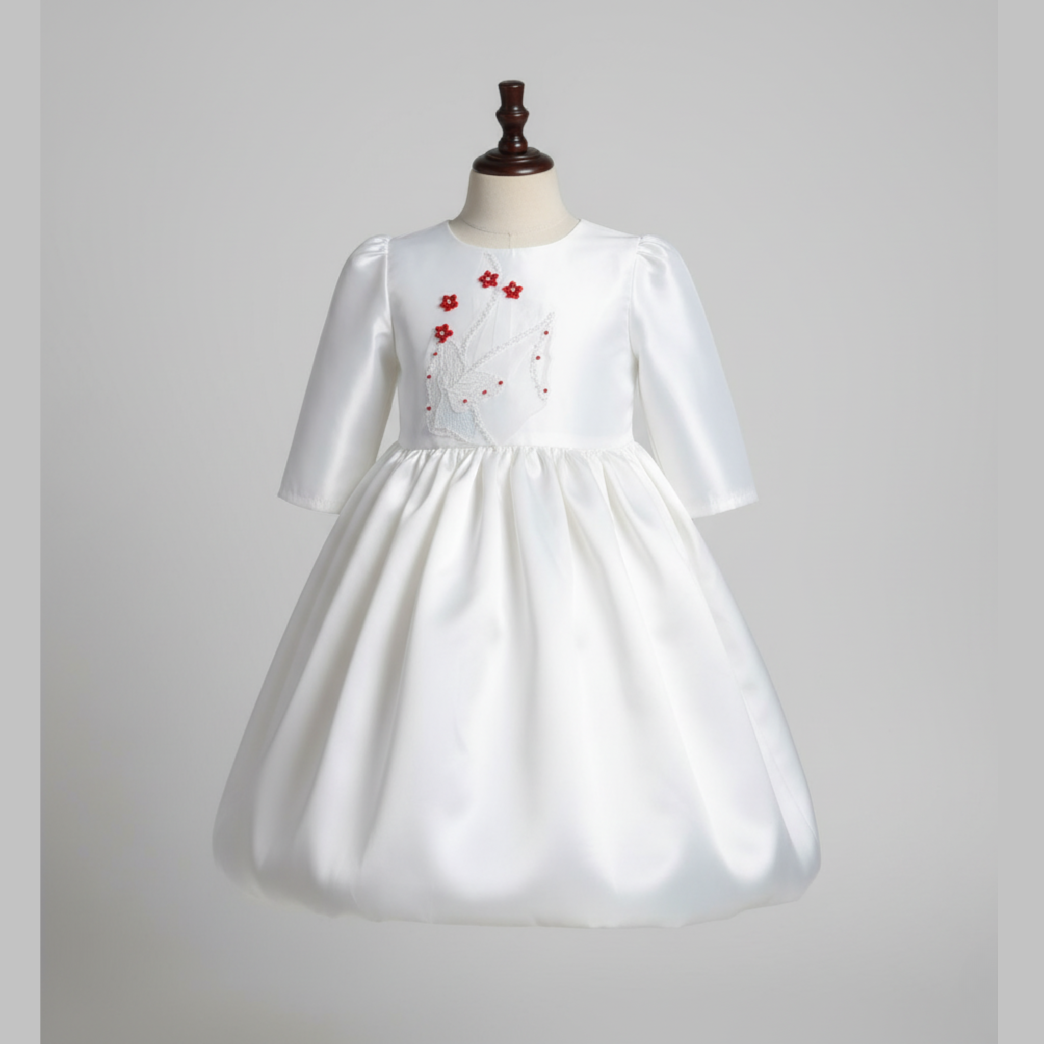 BUBBLE FLOWER | Ivory white Satin Bubble Dress with Embroidery