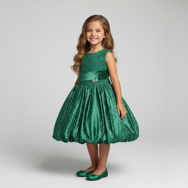 CRYSTAL FLOWER | Emerald Green Eyelet Lace & Velvet Bubble Dress
