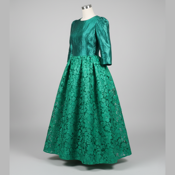 EMERALD FLOWER | Emerald Green Velvet & Lace A-Line Dress
