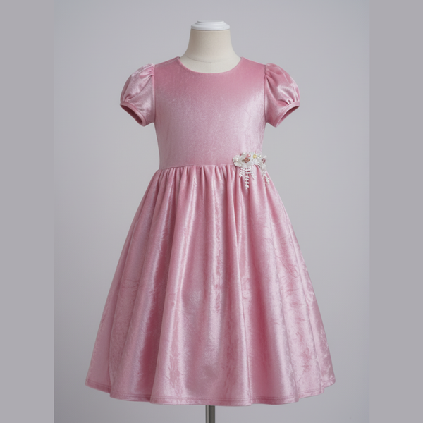 LUX FLOWER | Rose Velvet Dress with Floral Waist Embellishment