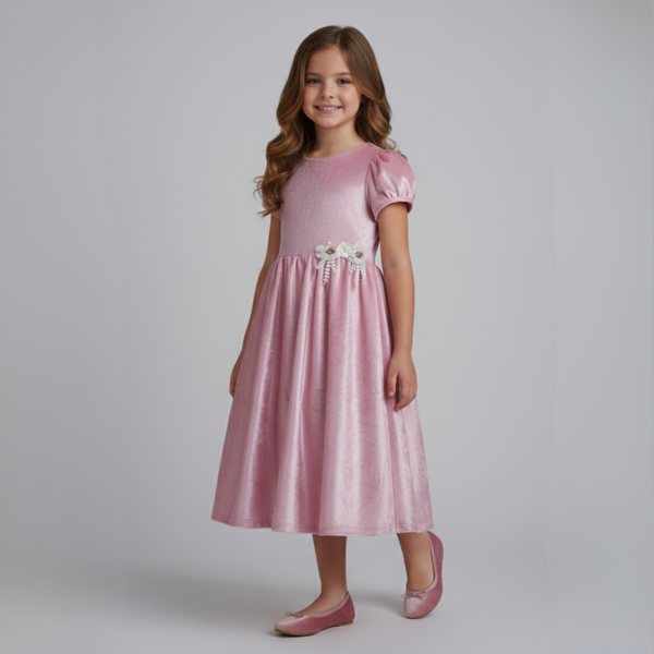 LUX FLOWER | Rose Velvet Dress with Floral Waist Embellishment