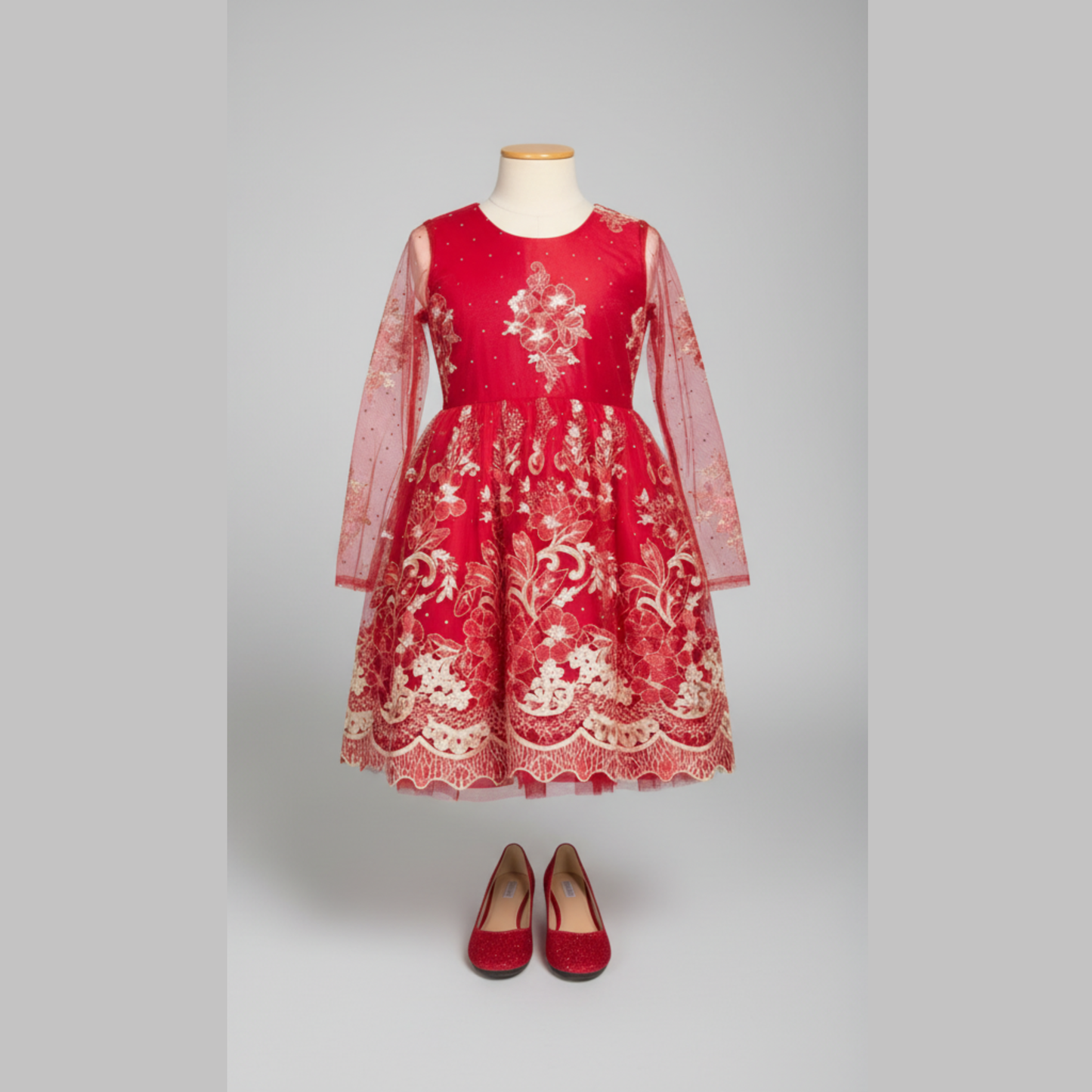 SCARLET FLOWER | Deep Scarlet Red Embroidered Tulle Gown